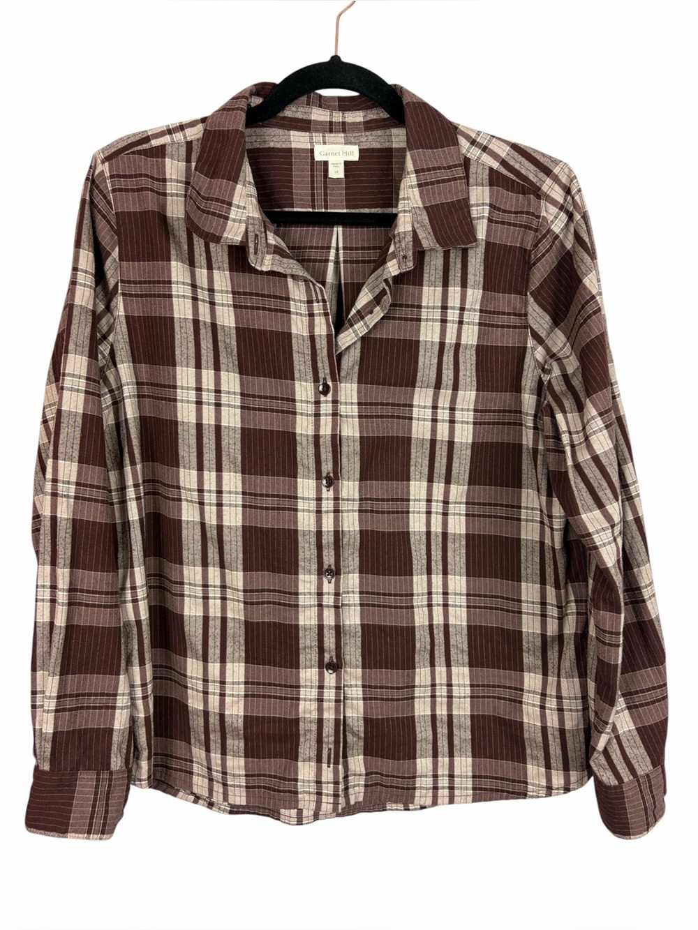 Garnet Hill Brown Plaid Button Front Shirt Size 12 Cotton Long Sleeve Blouse